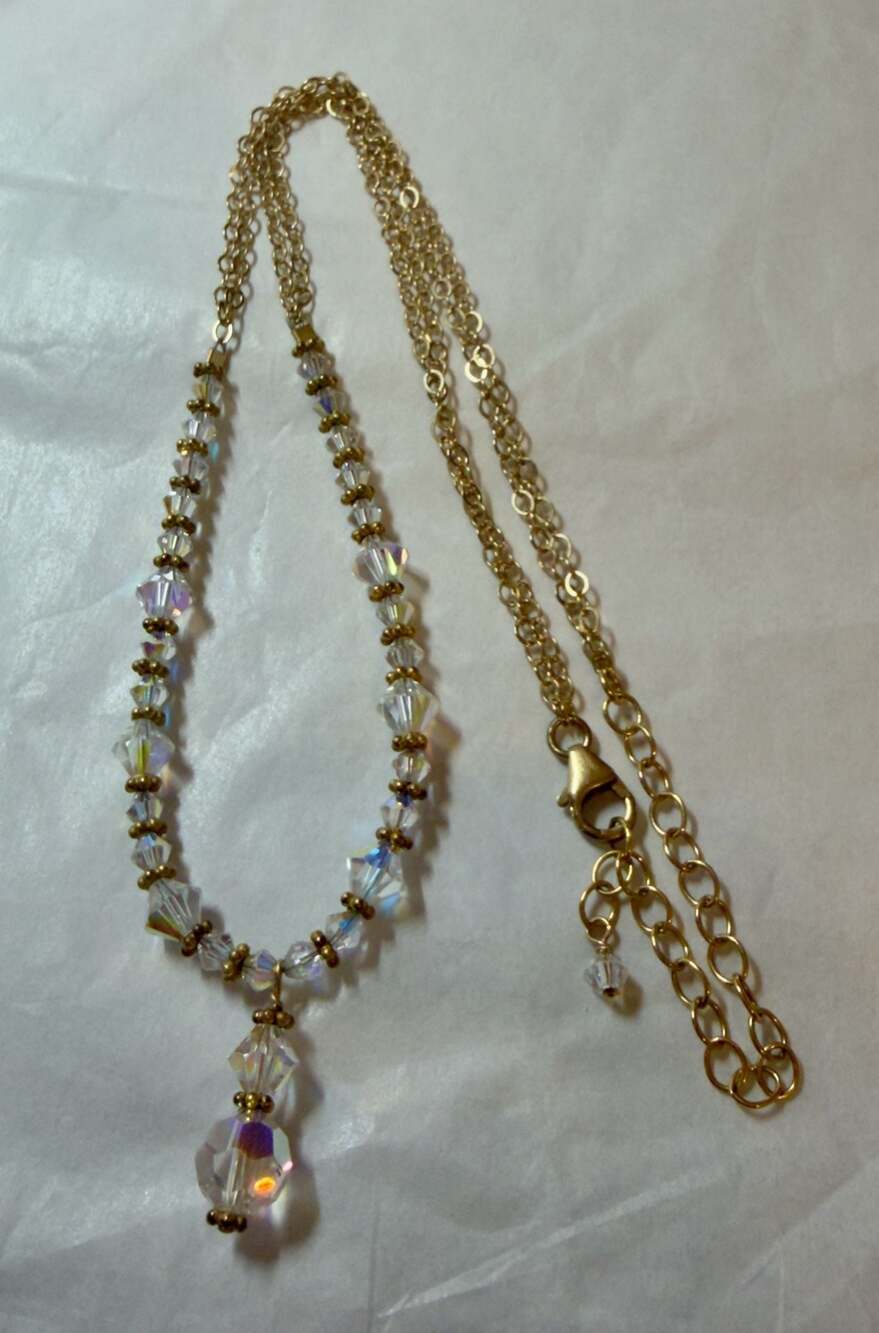Vtg Aurora Borealis Crystal Bead Necklace with Gold-Filled Chain 18"
